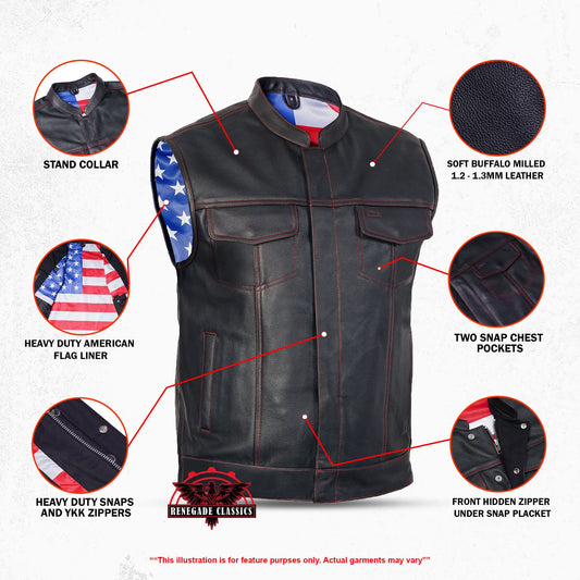 Men's Club Style Leather Motorcycle Vest with Scoop Collar & USA Flag