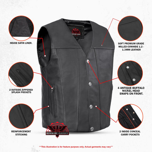 Men's Western Style "Buffalo Nickel" Black Leather Vest - Back & Satin Liner