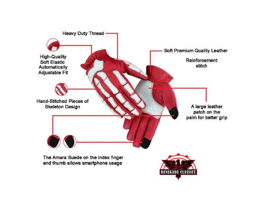 Men's White on Red Skeleton Grip Riding Gloves