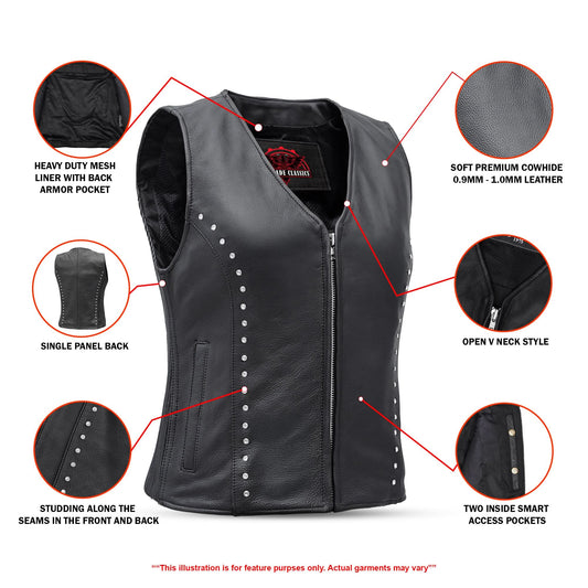 Women's Studded Leather Motorcycle Vest- Lined