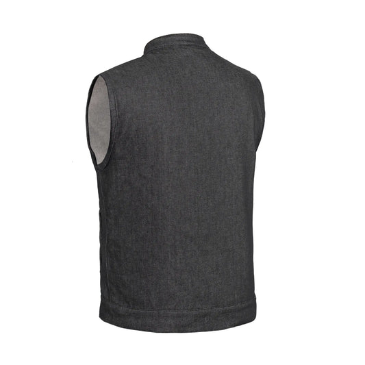 Men's Rough Rub-Off Raw Finish Motorcycle Denim Vest - Black
