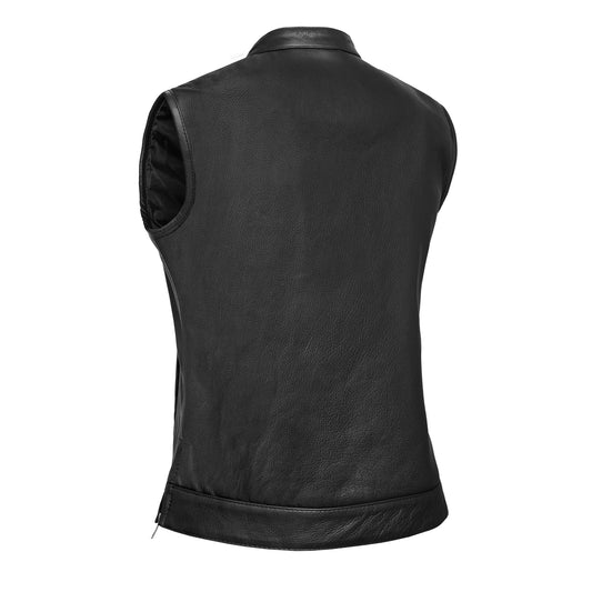 Women's Premium Leather Club Style Motorcycle Vest, Single Back Panel Concealment