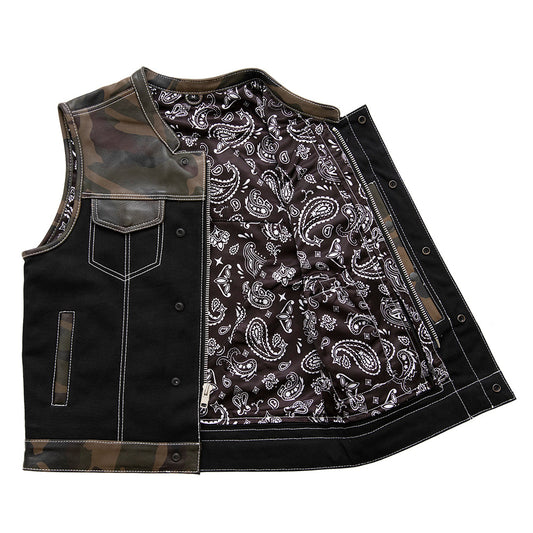 Men's Motorcycle Club Style Camo Leather and Black Canvas Vest