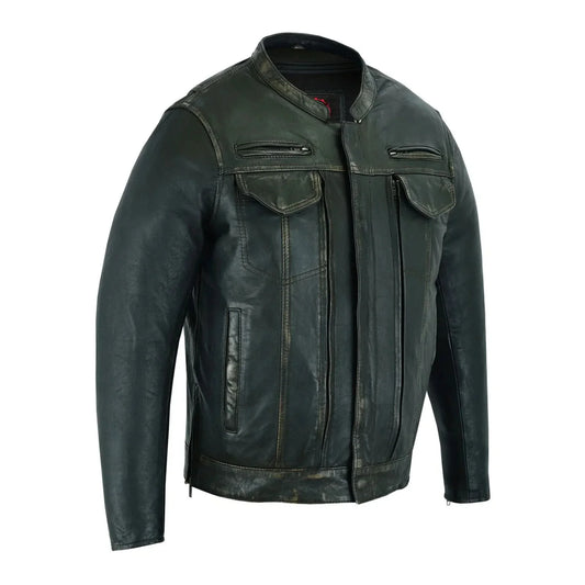 Men's Modern Utility Style Riding Jacket in Lightweight Drum Dyed Distressed Naked Lambskin