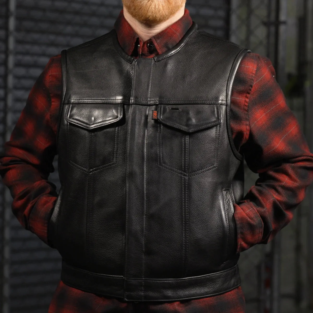 Men's Club Style Leather Motorcycle Vest- "Lowside" in Cognac