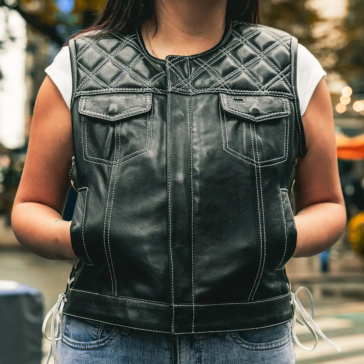 Women's "Bonnie" Motorcycle Leather Vest - Diamond Quilt