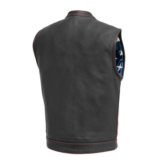 Men's Club Style Leather Motorcycle Vest - "Born Free" Red Stitch and American Flag Lining