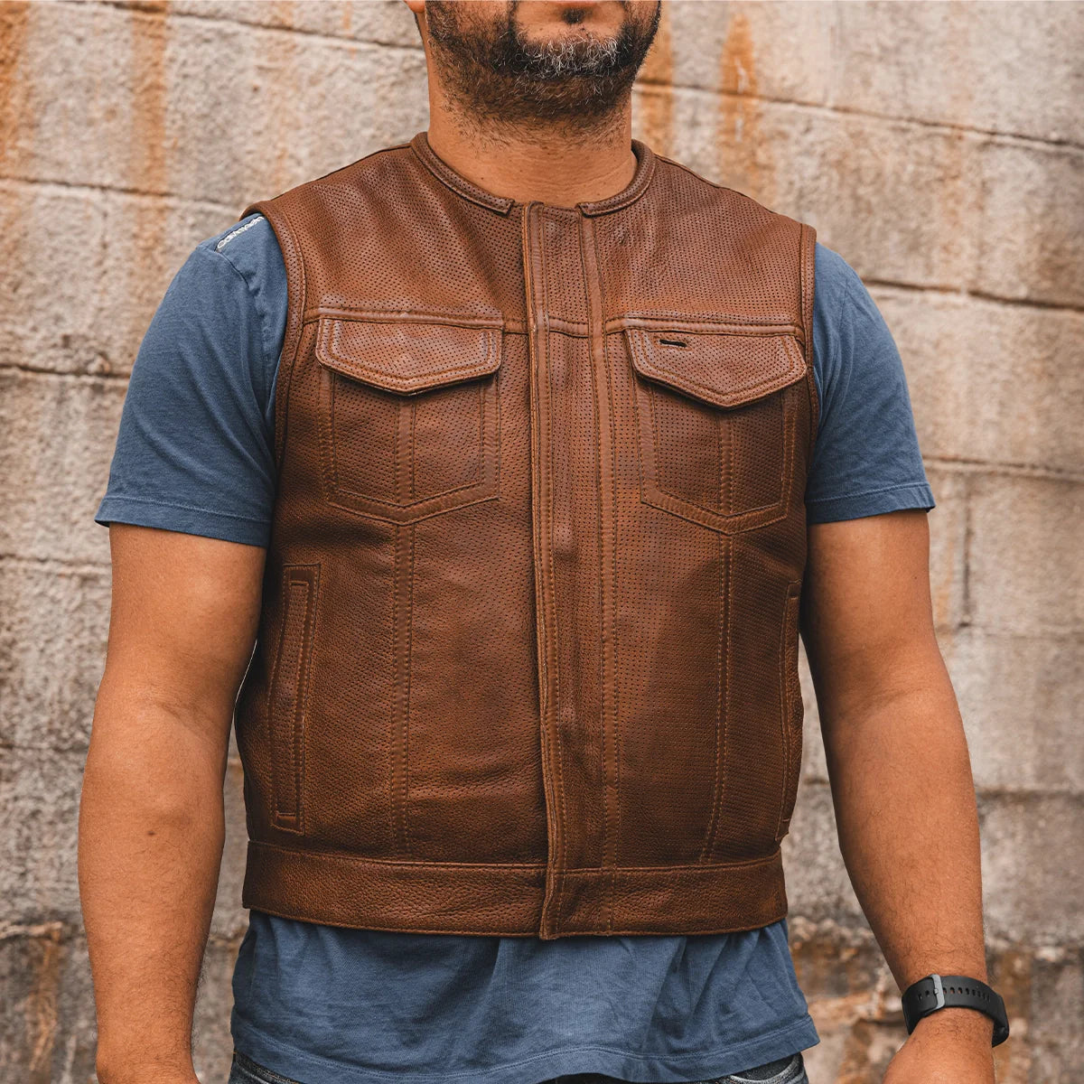 Men's Perforated Club Style Leather Motorcycle Vest- Lowside