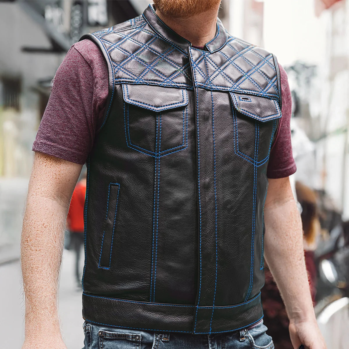 Men's Club Style Leather Motorcycle Vest- "Downside"