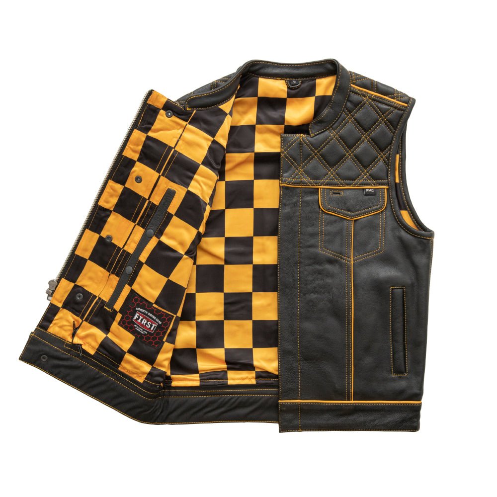 Men's Club Style Leather Motorcycle Vest- "Finish Line" with Gold Checker Lining