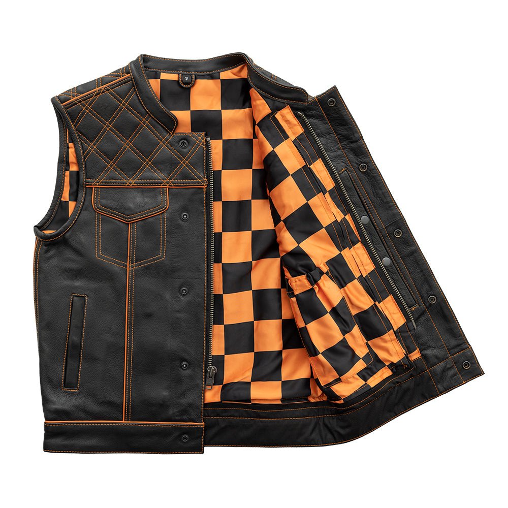 Men's Club Style Leather Motorcycle Vest- "Finish Line" with Orange Checker Lining
