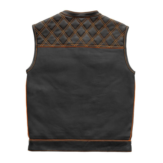 Men's Club Style Leather Motorcycle Vest- "Finish Line" with Orange Checker Lining