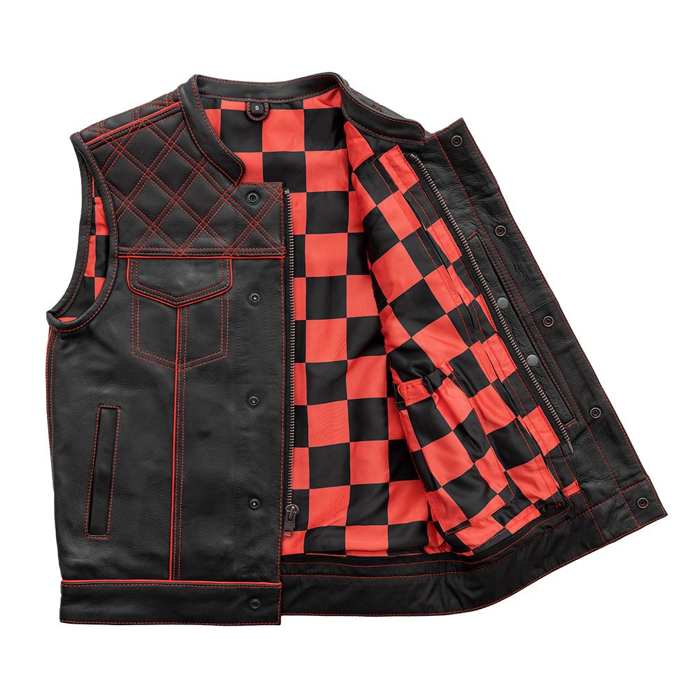 Men's Club Style Leather Motorcycle Vest- "Finish Line" with Red Checker Lining