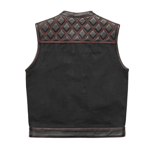 Motorcycle club style leather and black Canvas Vest with red stitching