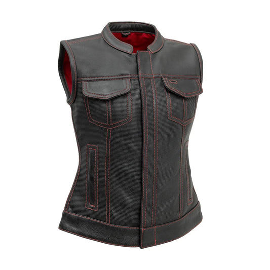 Women's Motorcycle Club Style Perforated Leather Vest, Red or Grey thread- "Jess"