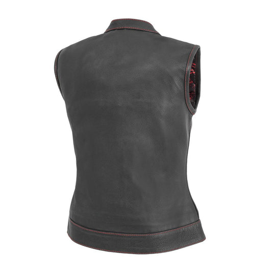 Women's Motorcycle Club Style Leather Vest - Black Leather with Red Stitching- Limited Edition "Jessica"