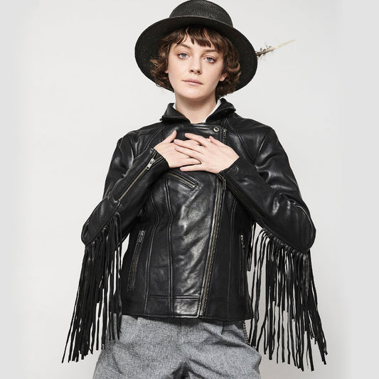 Women's Classic Leather Motorcycle Riding Jacket with fringe- "Lesley"