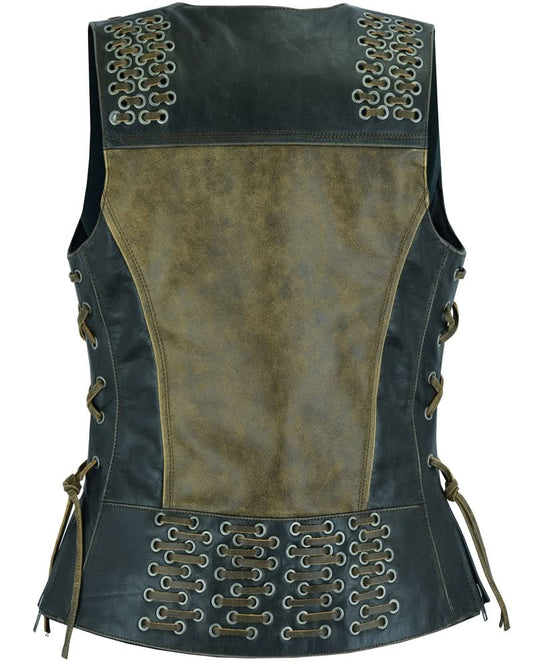 Women's Premium Leather Vest with Grommet and Lacing Accents - Two Tone
