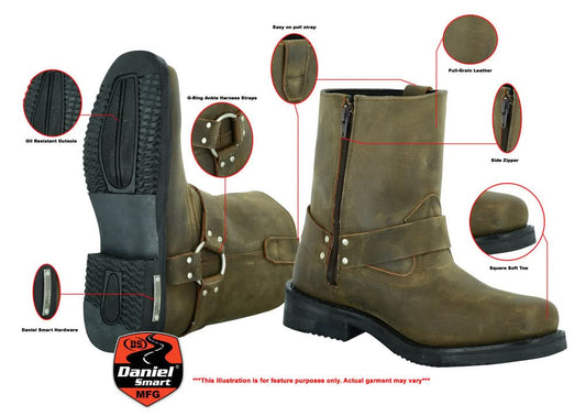 Men's Side Zipper Harness Waterproof Boots- Brown