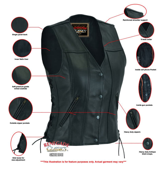 Women's leather motorcycle vest - Satin lined