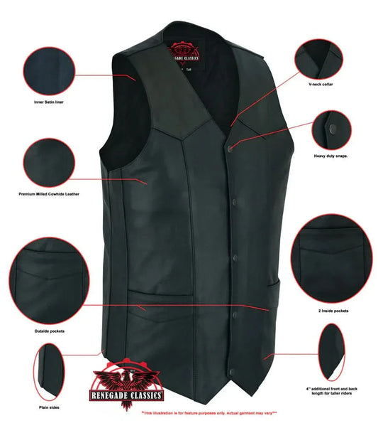 Men's Tall Classic Motorcycle Leather Vest with scaped bottom - Black