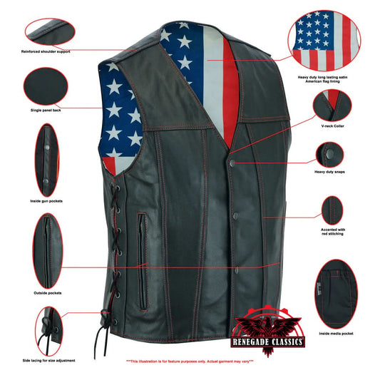 Men's Western Style "Honor Ride" Black Leather Motorcycle with Vest Red Stitching