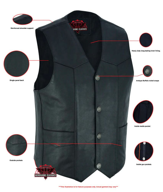 Men's classic Western Style leather vest, Single Back Panel