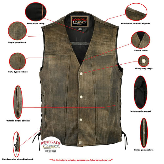 Men's Antique Brown Western Style Leather Motorcycle Vest