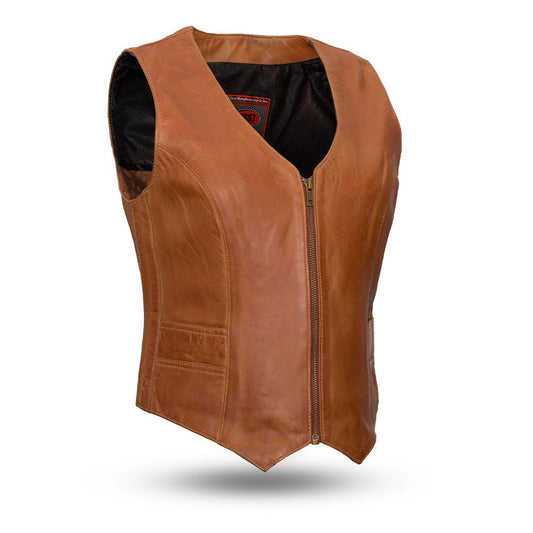 Women's Western Style Whiskey Brown Leather Motorcycle Vest- Savannah