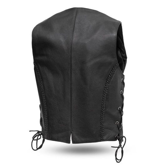 Women's Black Leather Western Style Motorcycle Vest- Trinity