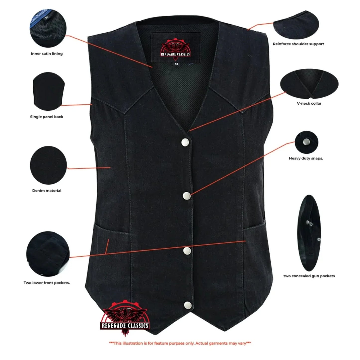 Women's Black Denim Classic Vest with Plain Sides