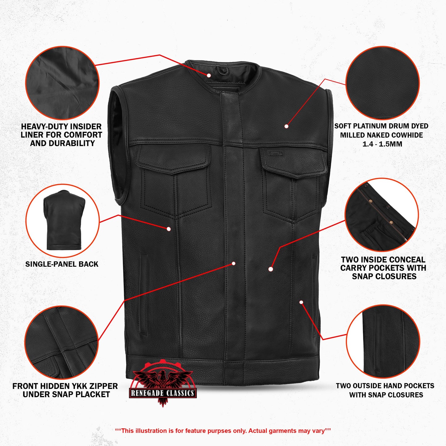 Men's Club Style Black Leather Motorcycle Vest with Upgraded Style