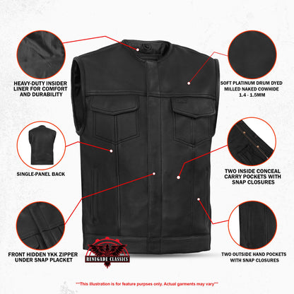 Men's Club Style Black Leather Motorcycle Vest with Upgraded Style