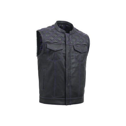 Men's Club Style Leather Motorcycle Vest- Green stitching with Green Paisley lining