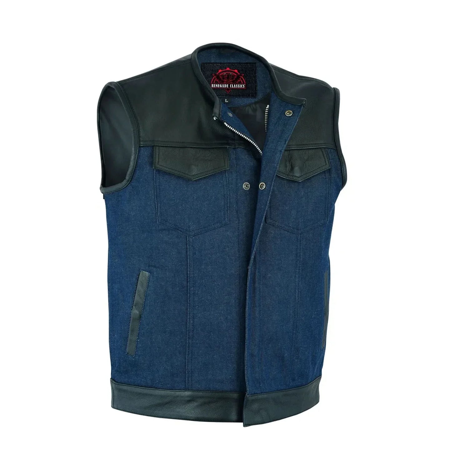 Men's Leather/Denim Combo Club Style Vest (Black/Broken Blue)