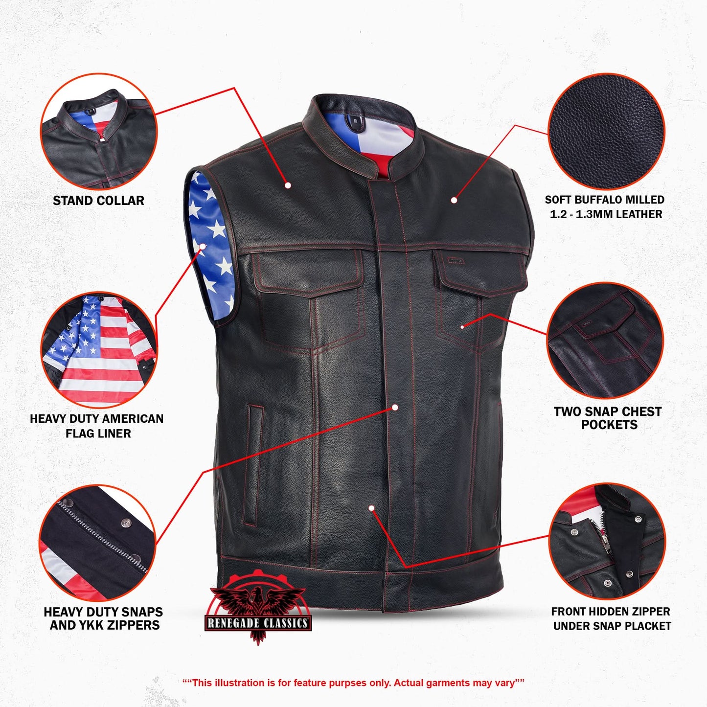 Men's Club Style Leather Motorcycle Vest with Scoop Collar & USA Flag