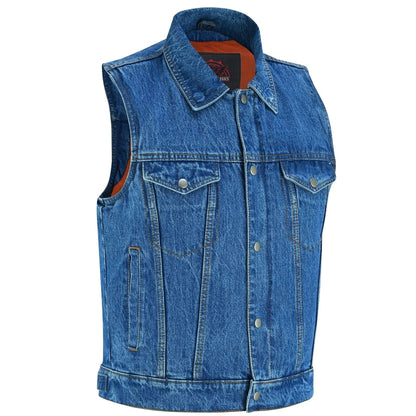 Men's blue denim motorcycle vest with shirt style collar, with Snap and zipper Front