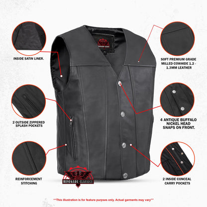 Men's Western Style "Buffalo Nickel" Black Leather Vest - Back & Satin Liner