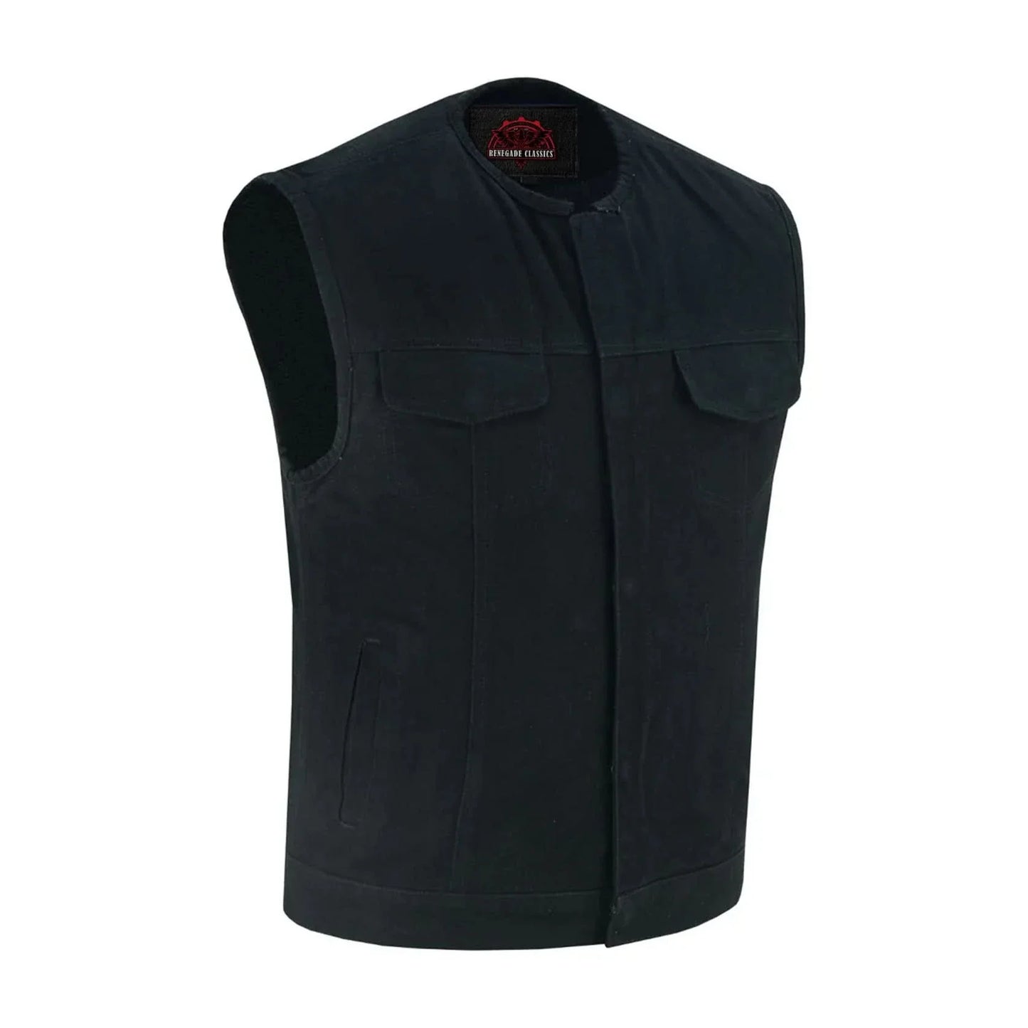 Men's Black Denim Motorcycle Club Style Vest with Concealed Snaps & Zipper