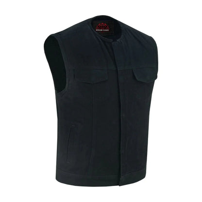 Men's Black Denim Motorcycle Club Style Vest with Concealed Snaps & Zipper