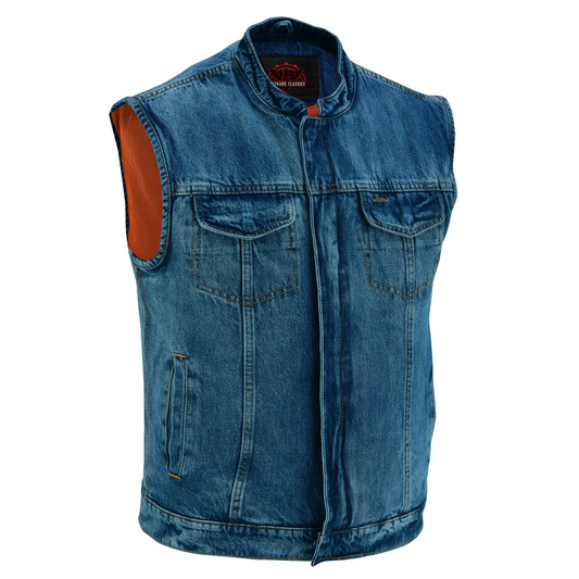 Men's Blue Denim Motorcycle Vest with Lace & Pockets