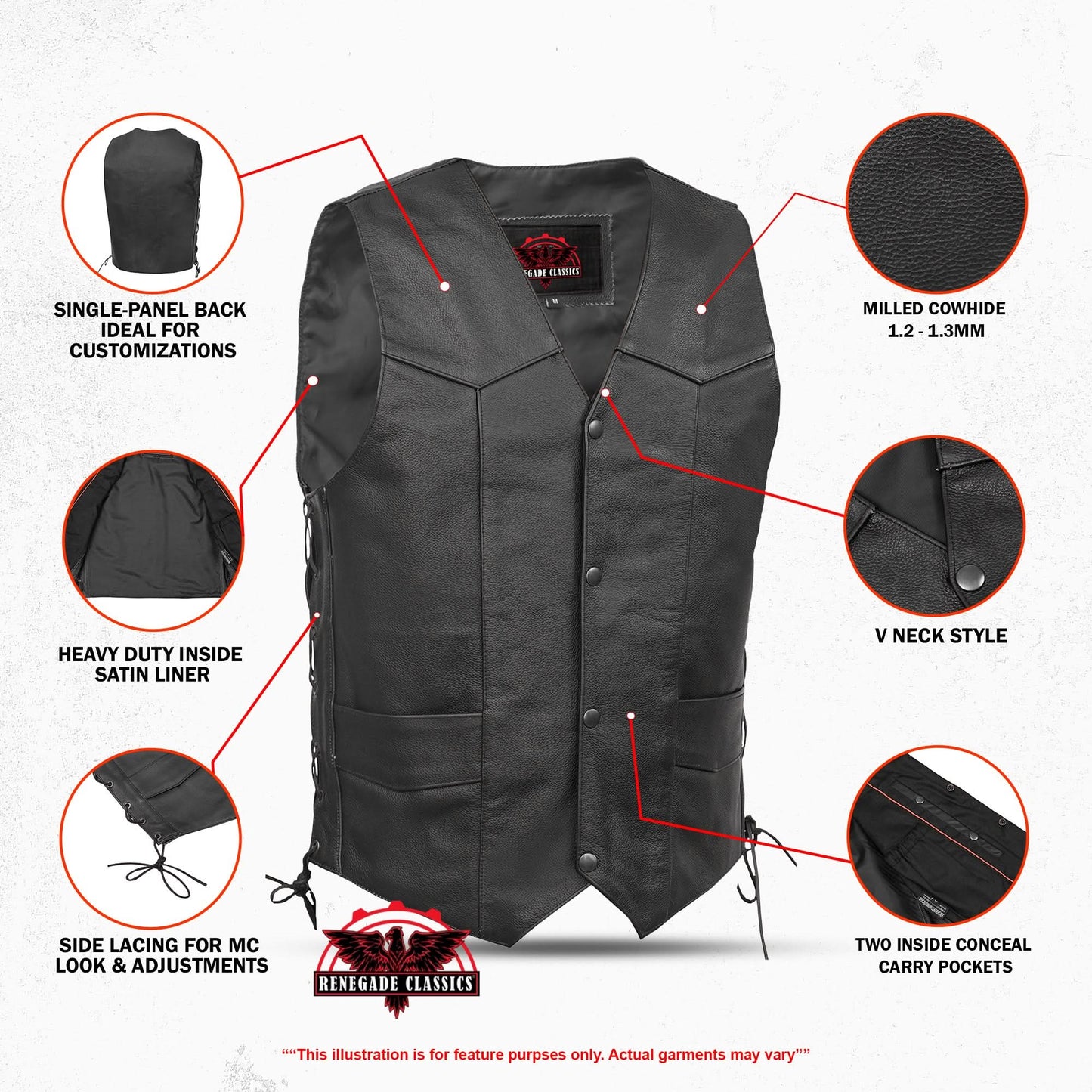 Men's Traditional western Leather Vest, side lacing - Black