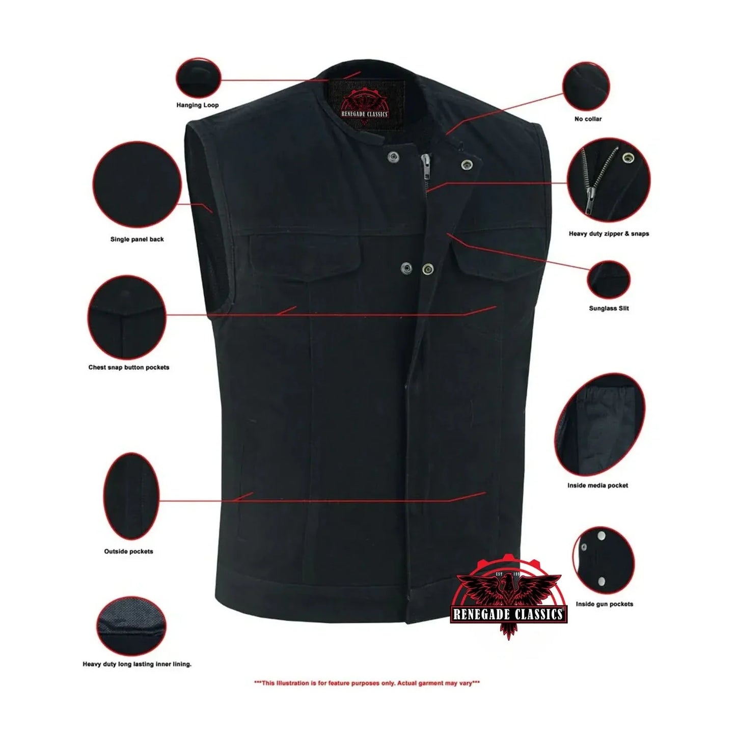 Men's Black Denim Motorcycle Club Style Vest with Concealed Snaps & Zipper
