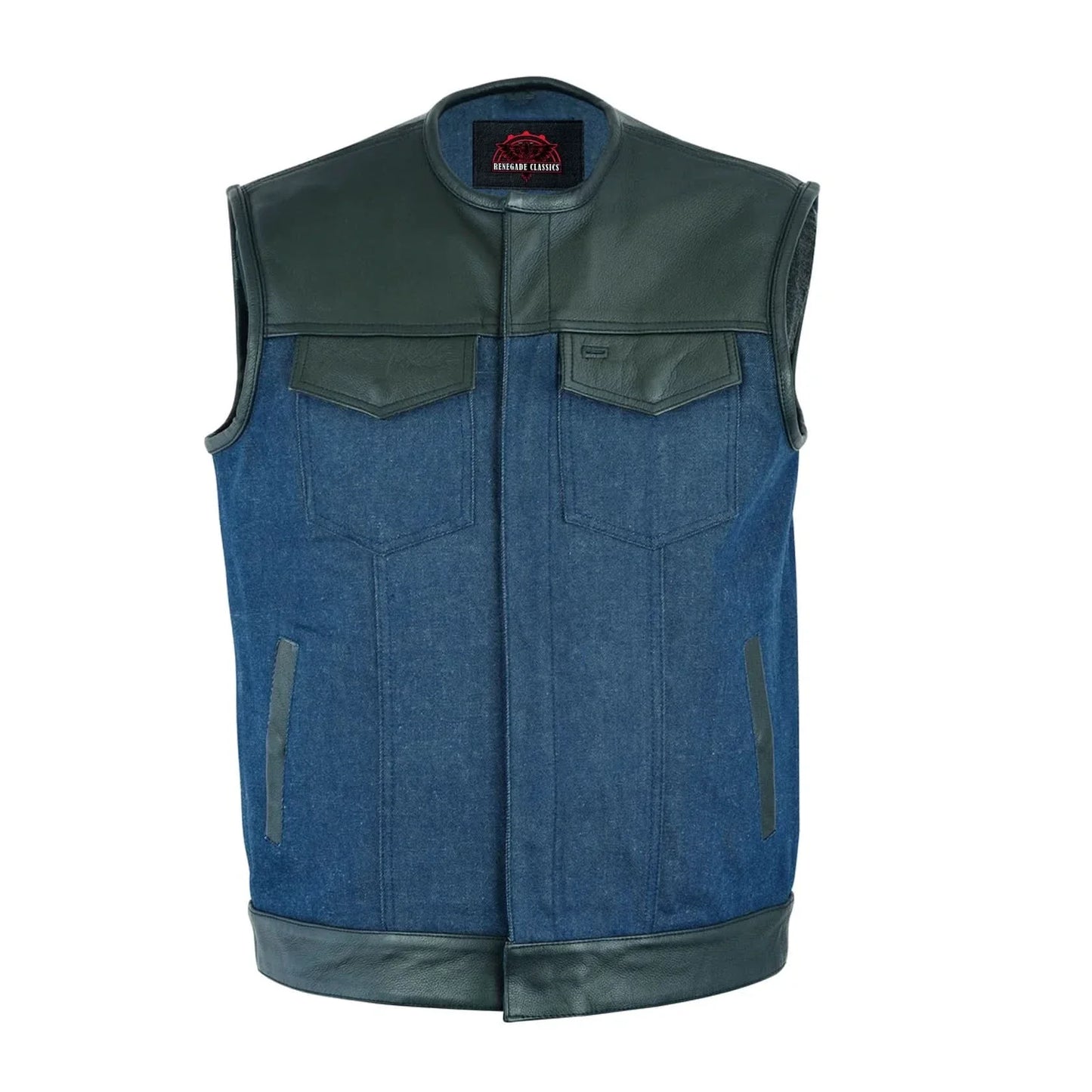 Men's Leather/Denim Combo Club Style Vest (Black/Broken Blue)