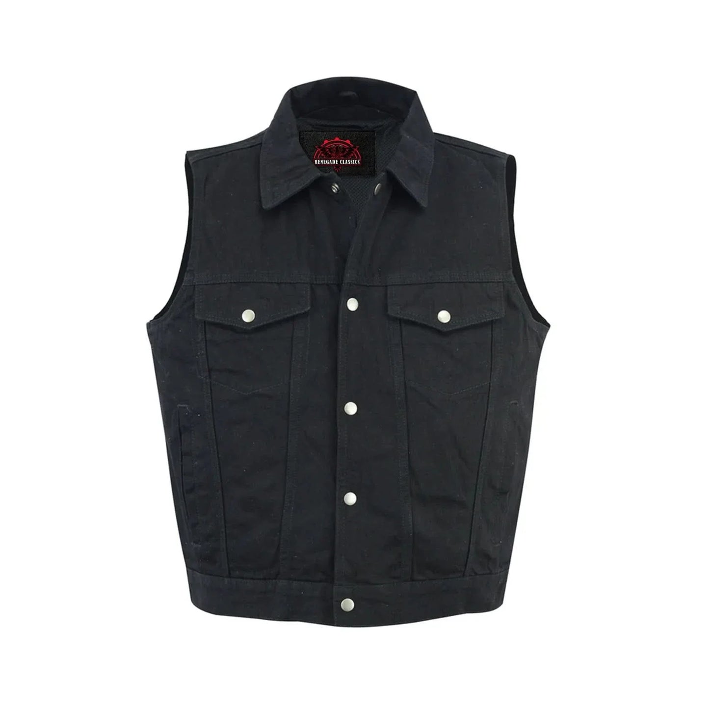 Men's Snap and Zipper Front Black Denim Motorcycle Vest