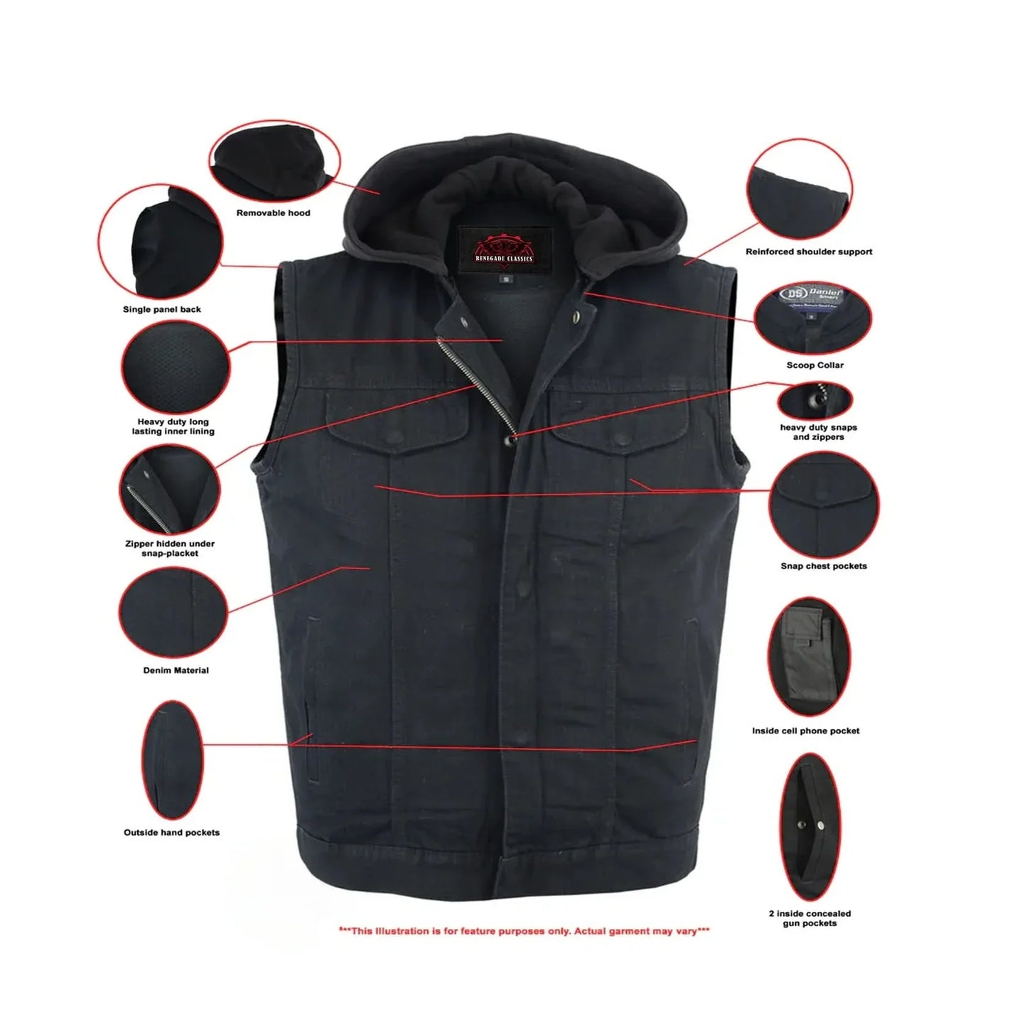 Men's Black Denim Single Back Panel Concealment Vest w/Rem