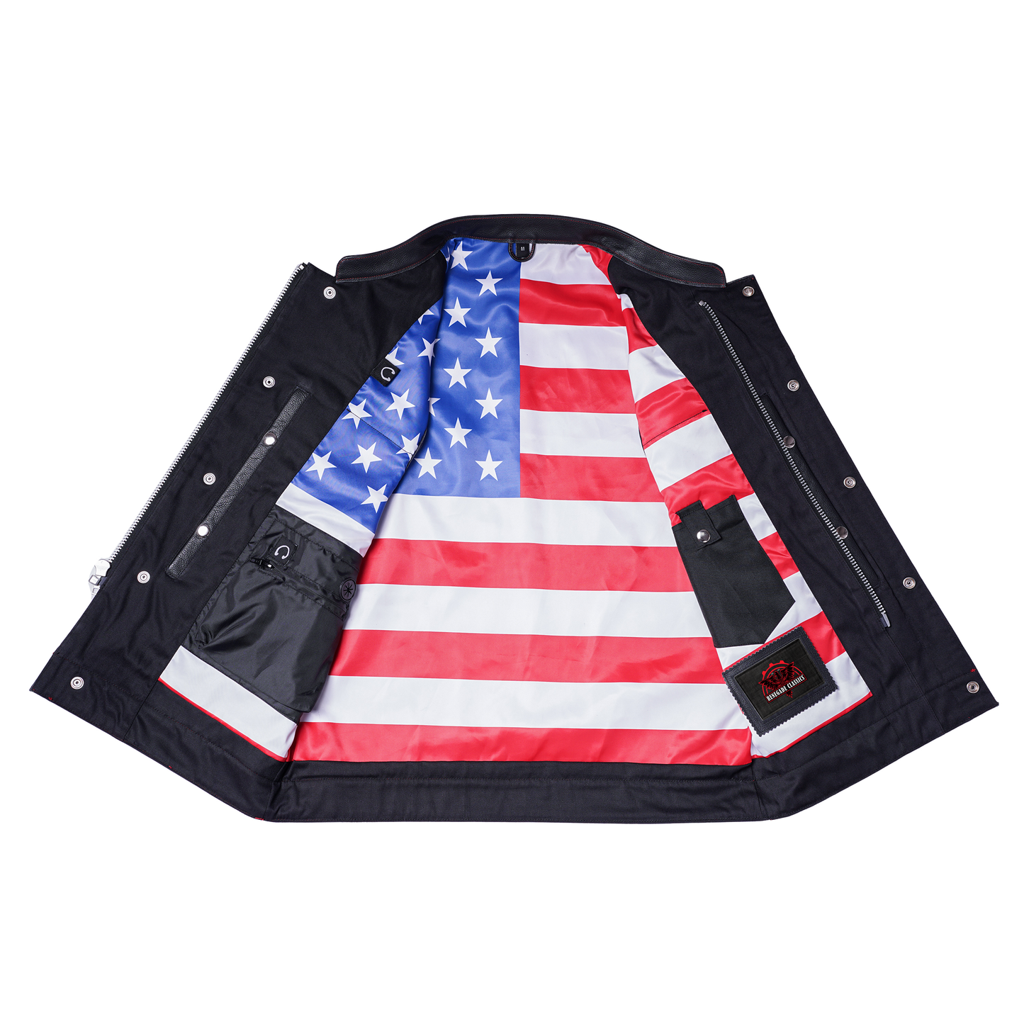 Men's Club Style Leather Motorcycle Vest with Scoop Collar & USA Flag
