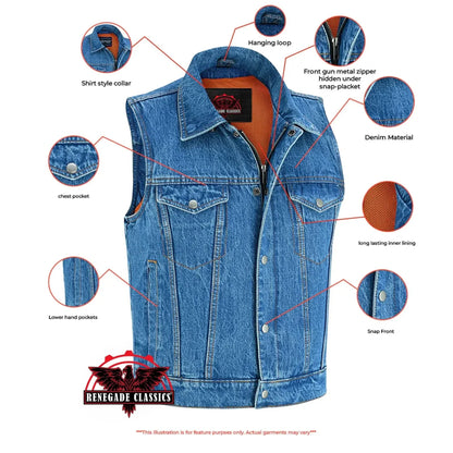 Men's blue denim motorcycle vest with shirt style collar, with Snap and zipper Front