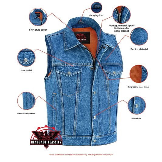Men's blue denim motorcycle vest with shirt style collar, with Snap and zipper Front