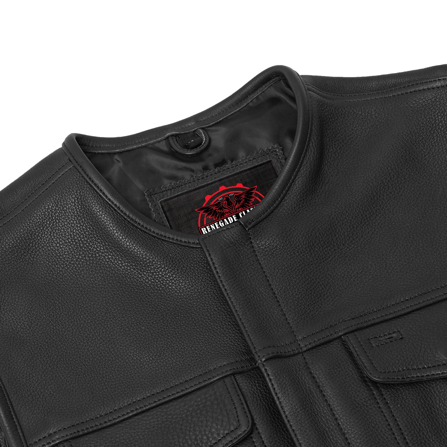 Men's Club Style Black Leather Motorcycle Vest with Upgraded Style